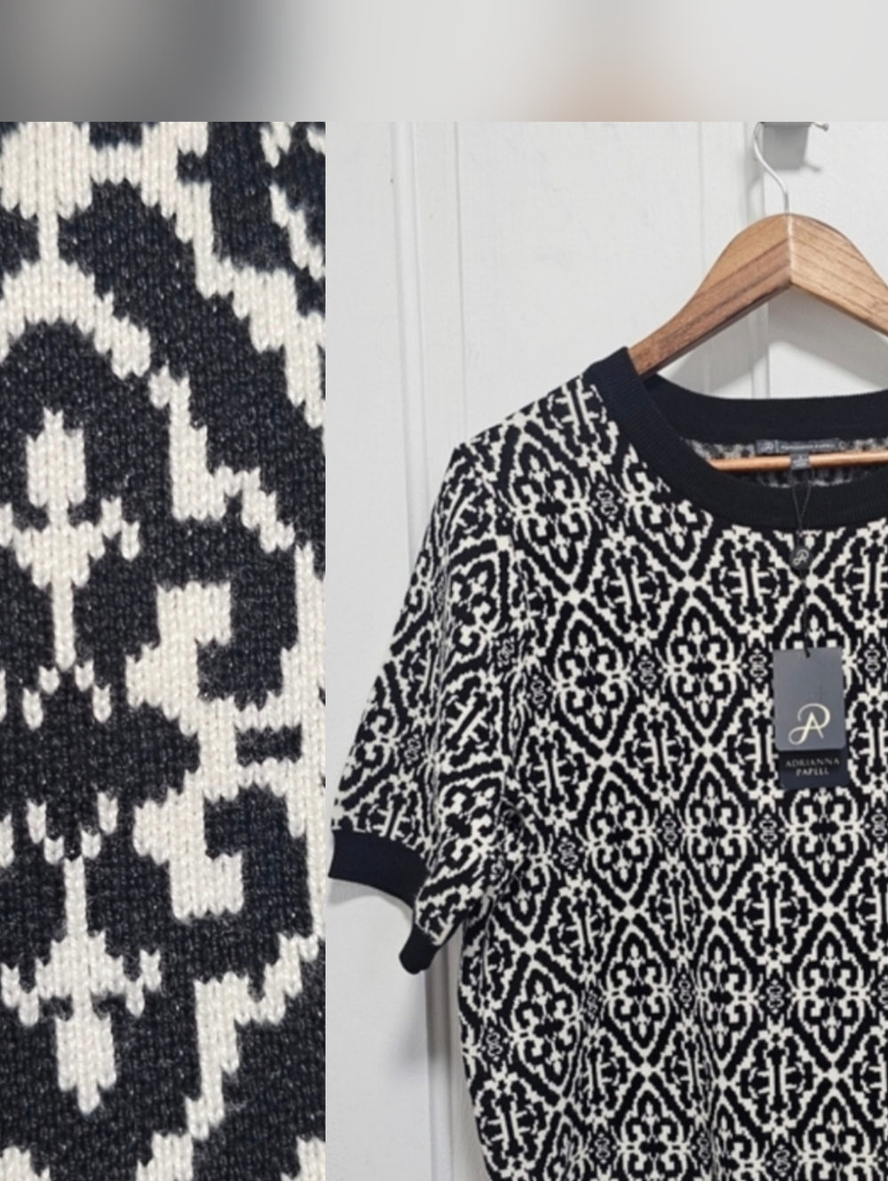Adrianna Papell Black & White Graphic Short Sleeve Sweater